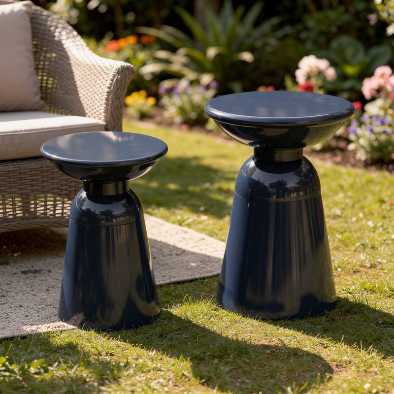 Suma Outdoor End Table Set Of 2, Round, Pedestal Base, Navy Blue Iron, Navy Blue