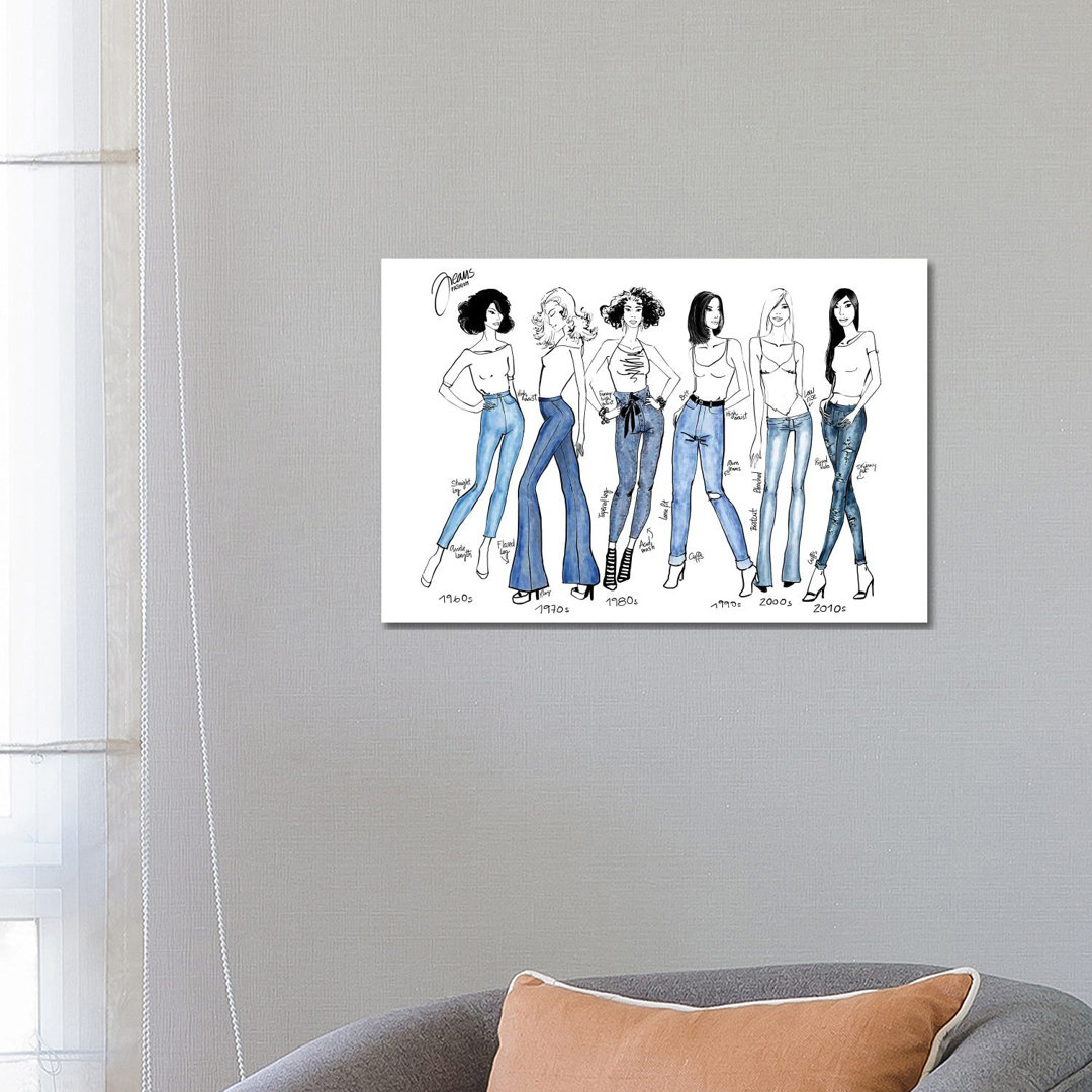 Geschichte der Jeans Mode Illustration von Blursbyai - Galerie-verpackte Leinwand Giclée auf Leinwand