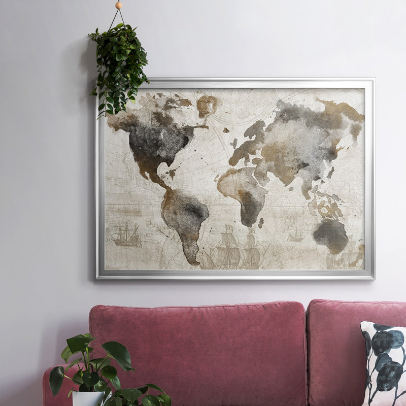 Carte antique encadrée sur toile, Argent, H 14 po x l 20 po x P 1,5 po