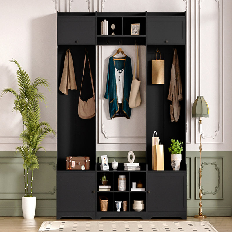 Large portemanteau moderne avec rangement pour chaussures, banc d'entrée 4 en 1 avec 8 casiers, 7 crochets à manteau et tablette réglable pour le couloir, le salon, noir