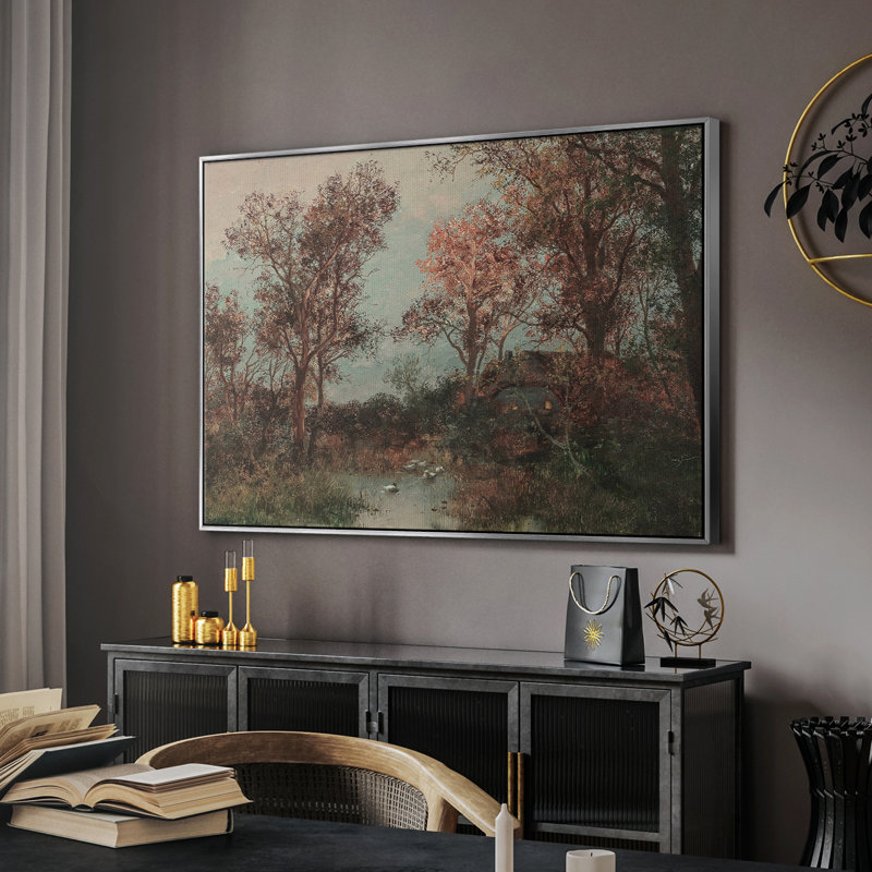 Paysage rétro -DXVII, H 25 po x l 37 po x P 2 po, Toile avec cadre argenté
