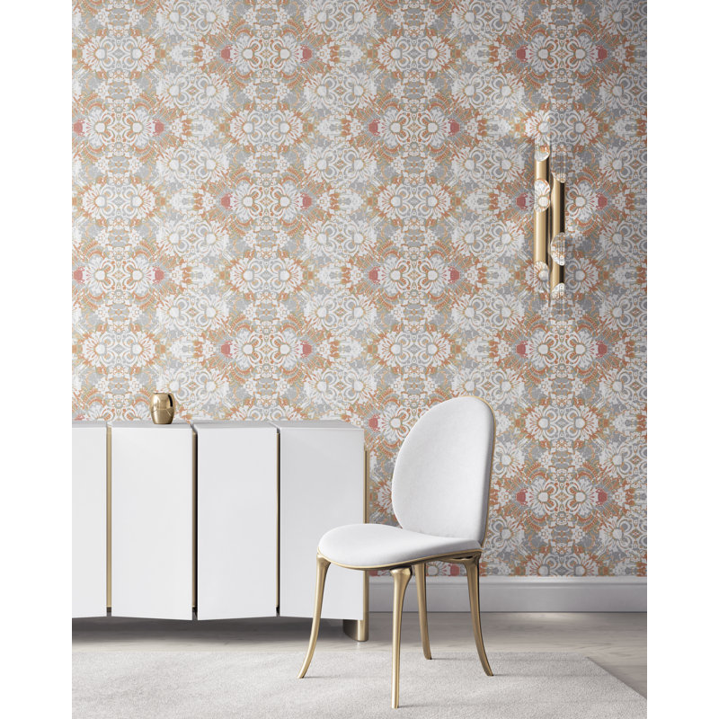 Carmen | Abstract Floral Wallpaper Double Roll, Gray/Pink/Orange/White