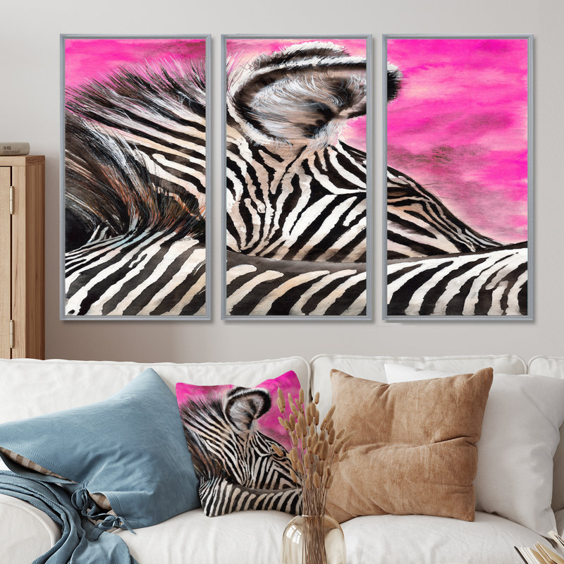 Zèbre avec rayures noires et blanches contrastantes I - ensemble d'art mural sur toile encadré traditionnel de 3, Argent
