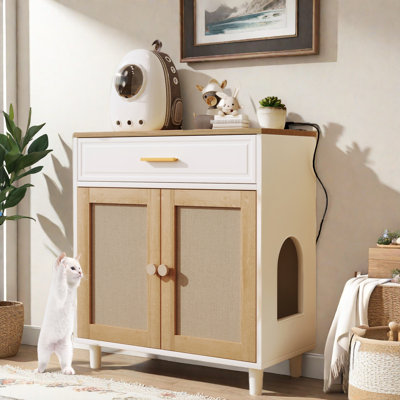 Cat Litter Box Cat House With Sisal Scratching Door, Charging Socket And 1 Drawer -  One Allium Way®, 163C48F2B3D840D89A3546F162619CE9