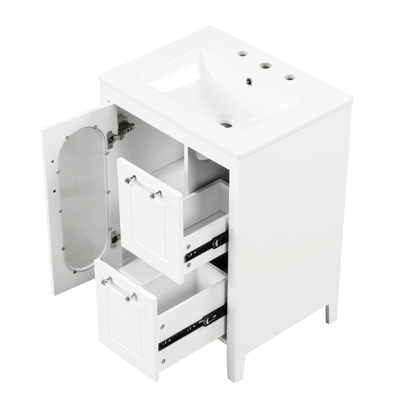 Meuble-lavabo blanc 24 po avec lavabo, tablette ajustable avec armoire, bois massif et deux tiroirs et porte moderne, Blanc