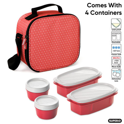  Sac à lunch isotherme avec contenants, boîte à lunch doublée thermique, contenants réutilisables à l'épreuve des fuites pour le travail, les voyages et la plage, petit sac à lunch à pois rouge avec sangle réglable, facile à nettoyer