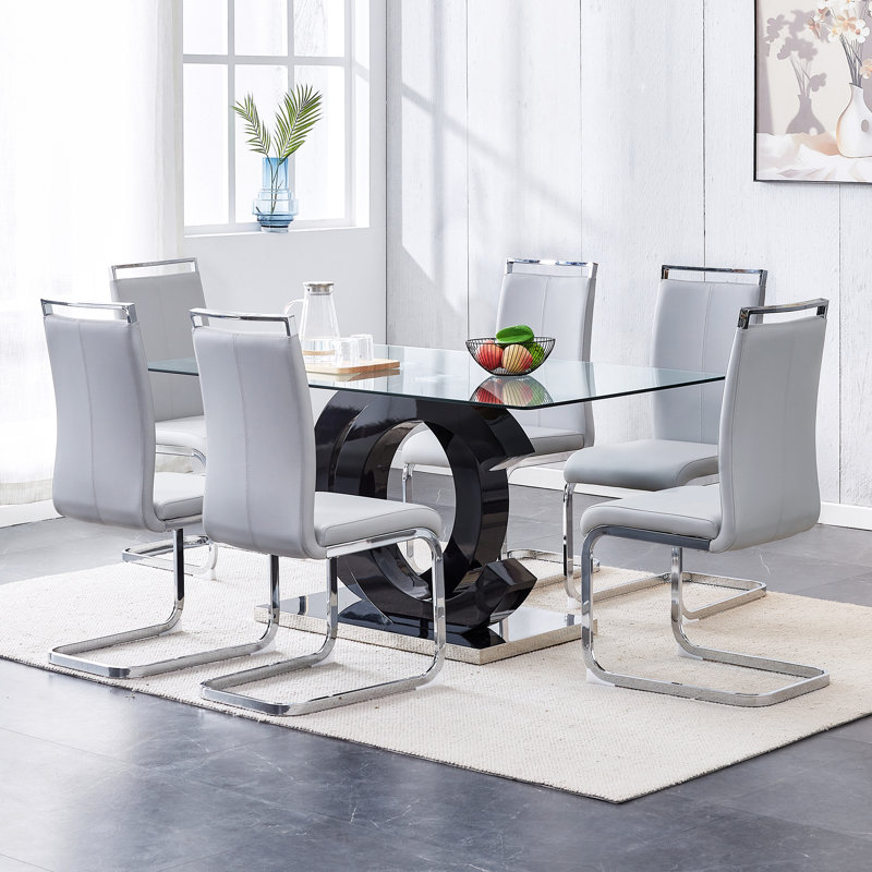 Crystalynn 55 L x 35.4 W Glass Tabletop Dining Table Set, Light Grey