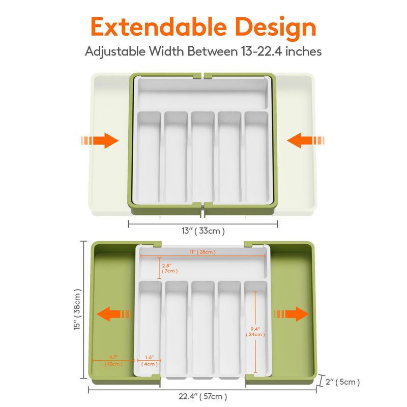 Rangement de tiroir Silverware, plateau à ustensiles extensible pour la cuisine, porte-couverts et couverts sans BPA, rangement en plastique réglable pour cuillères, couteaux, grand, vert et blanc