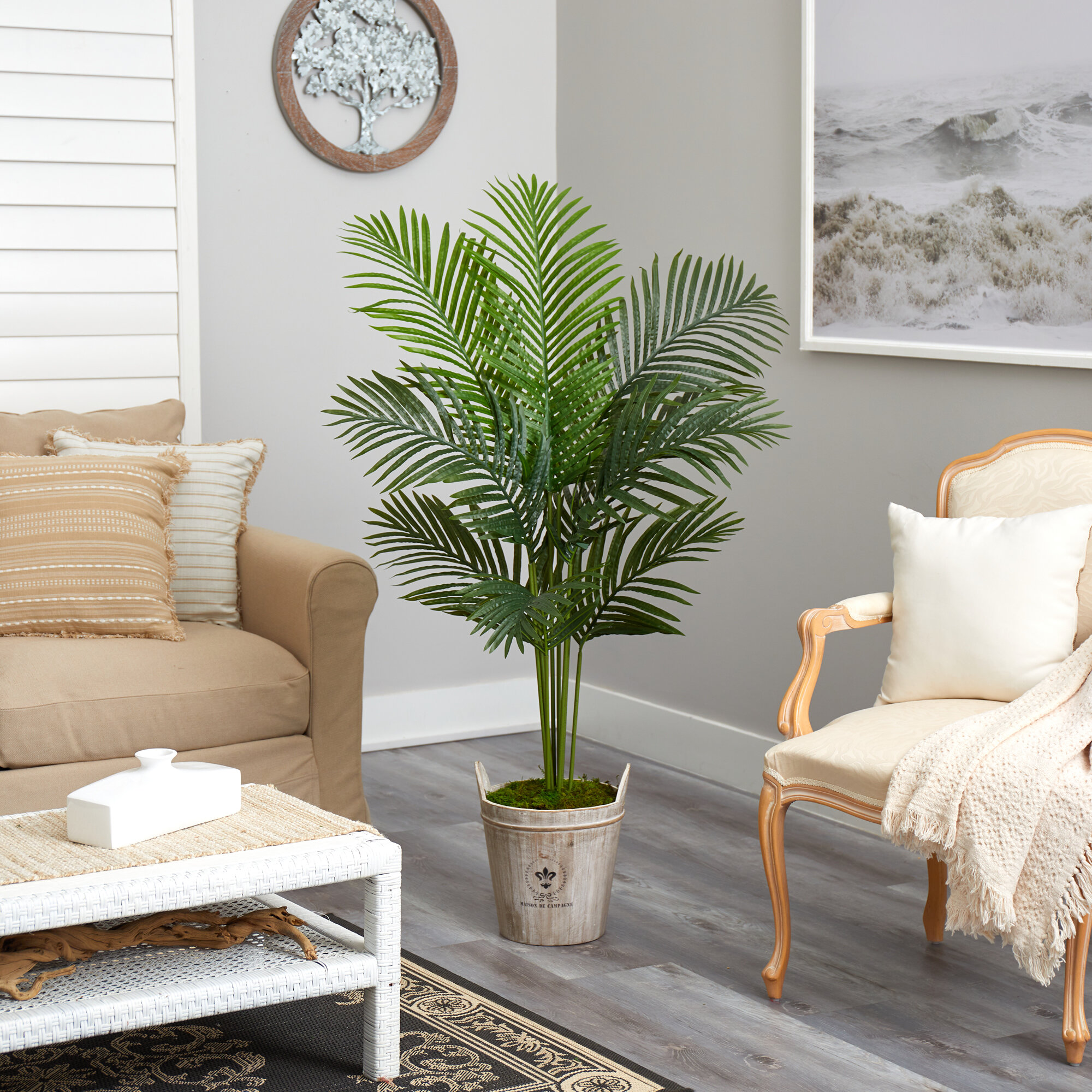 Primrue 60'' Faux Palm Tree in Wood Planter | Wayfair