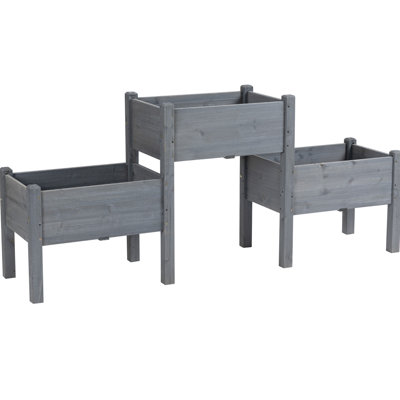 Raised Garden Bed In Gray, 3 Planter Boxes For Plant Nurturing 3 Elevated Stand Gray - Wooden Plants, Vegetables, And Herbs With Drainage Feature