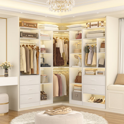 Bestar Florence113w X 61D Modular U Shaped Walk-In Closet System With LED Lights, Rods, Shelves, Drawers, And Doors, Shaker Style