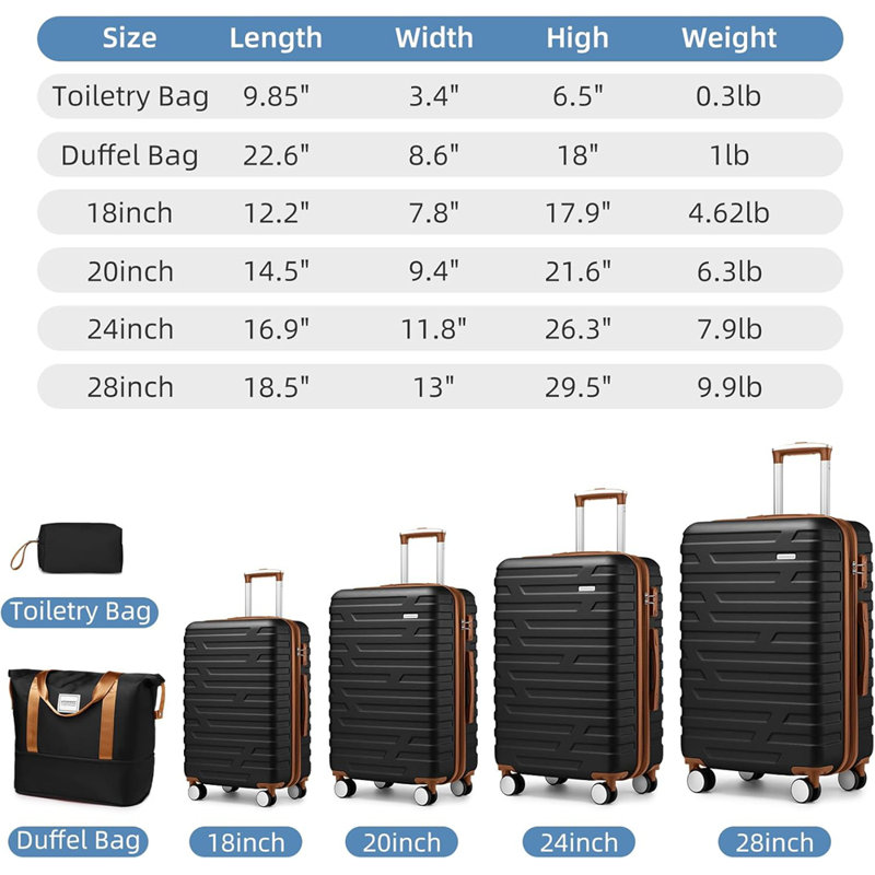 Ensemble de 6 valises avec sacs de voyage, valises rigides extensibles avec roulettes à verrou TSA