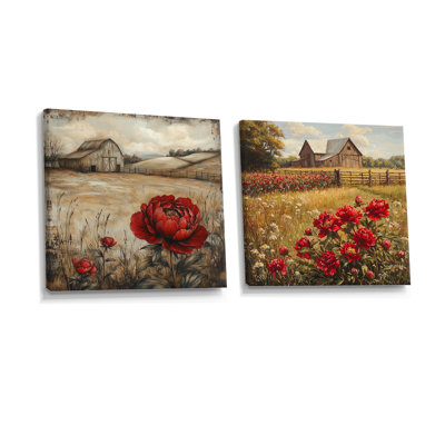 Pivoines rouges rétro par la grange III - art mural pivoines - art mural traditionnel sur toile 2 pièces