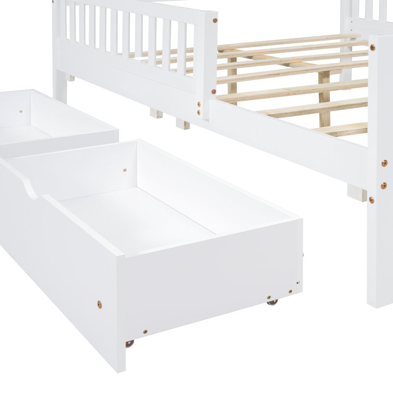 Lit plateforme double en bois pleine grandeur avec garde-corps et deux tiroirs de rangement, blanc, durable et peu encombrant