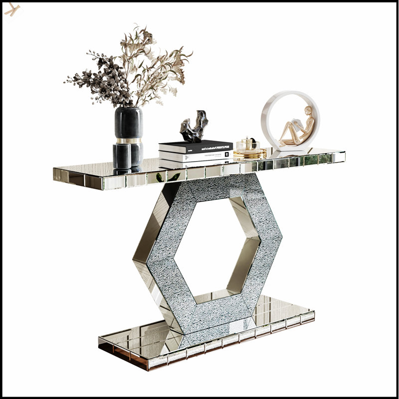 Sparkling Crystal Hexagon Mirror Entryway - Premium Modern Foyer Console Table With Diamond Glass Effects, Dual-Tier Luxury Sofa Table (55L X14.17W * 31.5H)