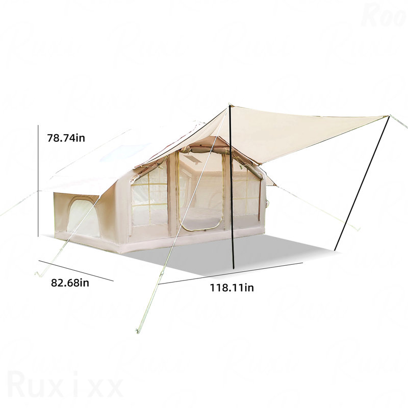 Tente de camping gonflable de 6,3 M² avec auvent, coupe-vent imperméable 4 saisons, lanterneau transparent et tente imperméable Oxford 420D avec fenêtres / portes en filet
