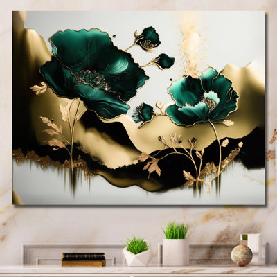 Gold And Green Poppy Floral Euphoria II - Floral Poppy Wall Art Living Room
