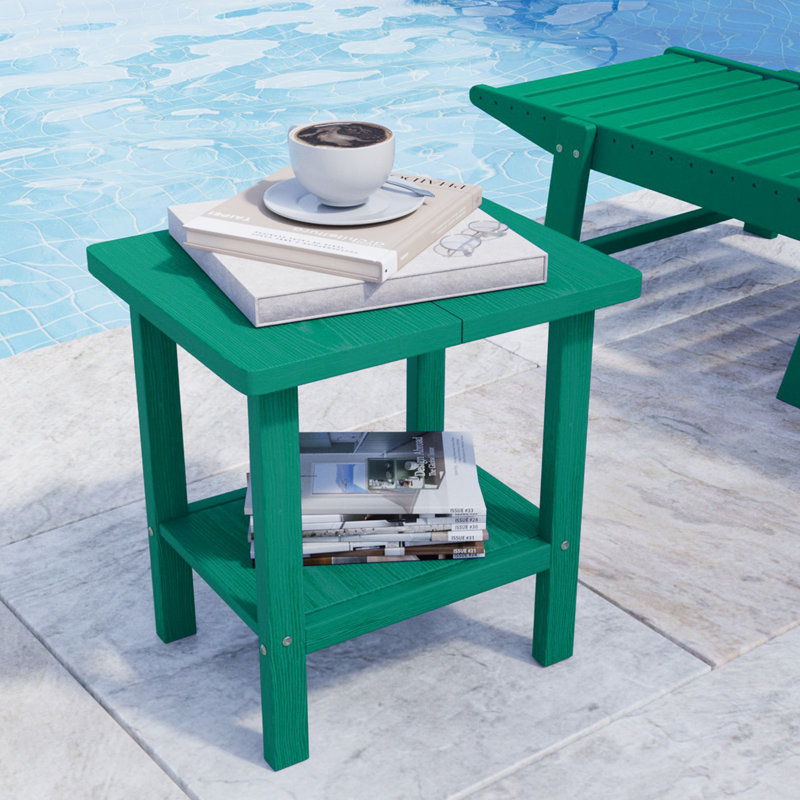 Adirondack Outdoor Side Table, All Weather Use Double Layer Patio Side Table, HIPS Rectangular End Table, Green
