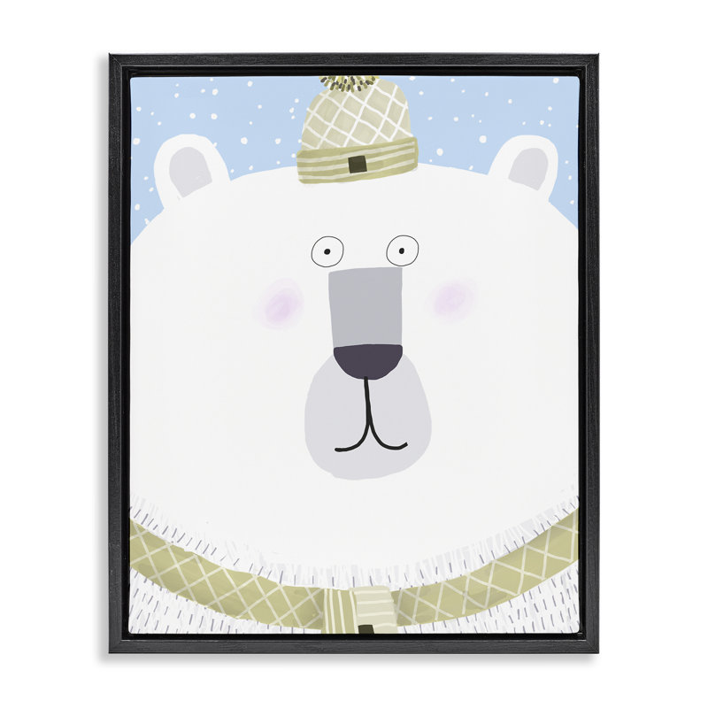 Ours polaire avec neige qui tombe, art mural encadré flottant, design par Carla Daly, H 21 po x l 17 po