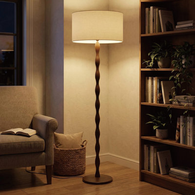 65" Retro Walnut Rubberwood Floor Lamp with Wave‑Shaped Solid Wood Pole and Beige Linen Drum Shade, UL listed for Living Room Side Tables, Bedroom Corners, Home Offices or Study Rooms