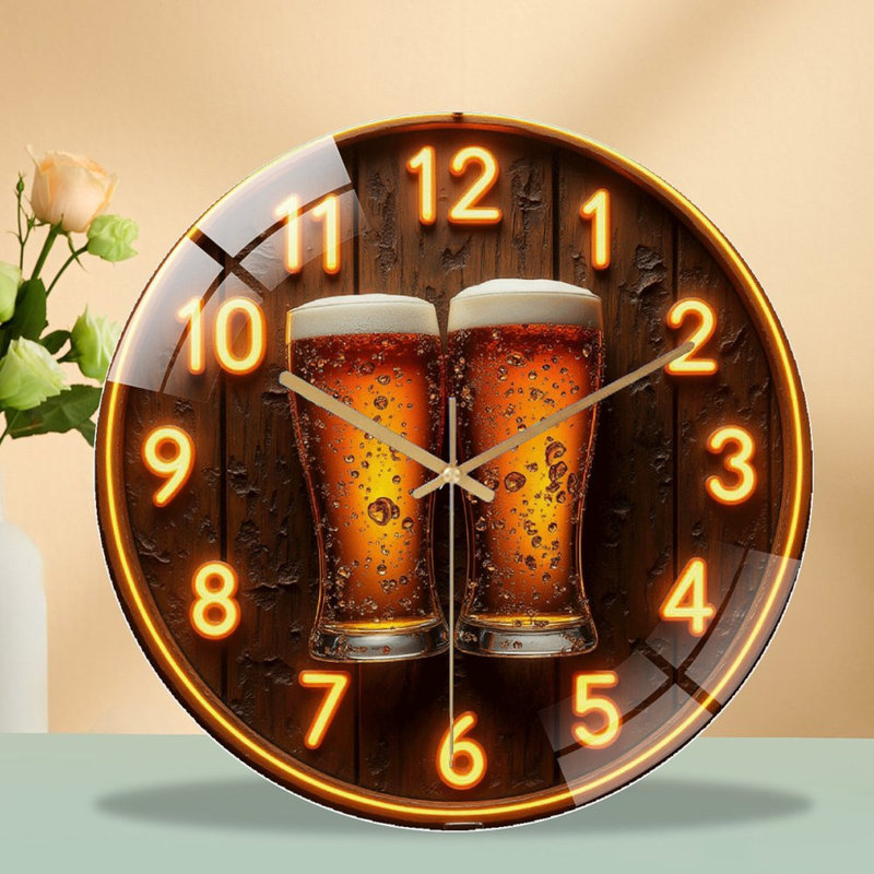 Horloge murale silencieuse en verre trempé de 30 cm, « Horloge néon DEL avec verres de bière et bulles », sans tic-tac, fonctionne avec des piles (piles AA non comprises), décoration artistique pour la maison