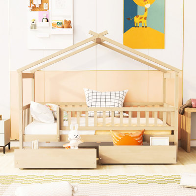 Lit simple avec tiroirs de rangement en bois de pin massif, couleur naturelle, spacieux, têtes de lit incluses et confortable