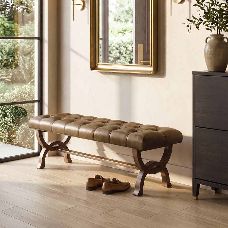 Herman 59.45 " W Tufted Full Grain Leather Upholstered Bench with Solid Ash Wood Frame, Brown
