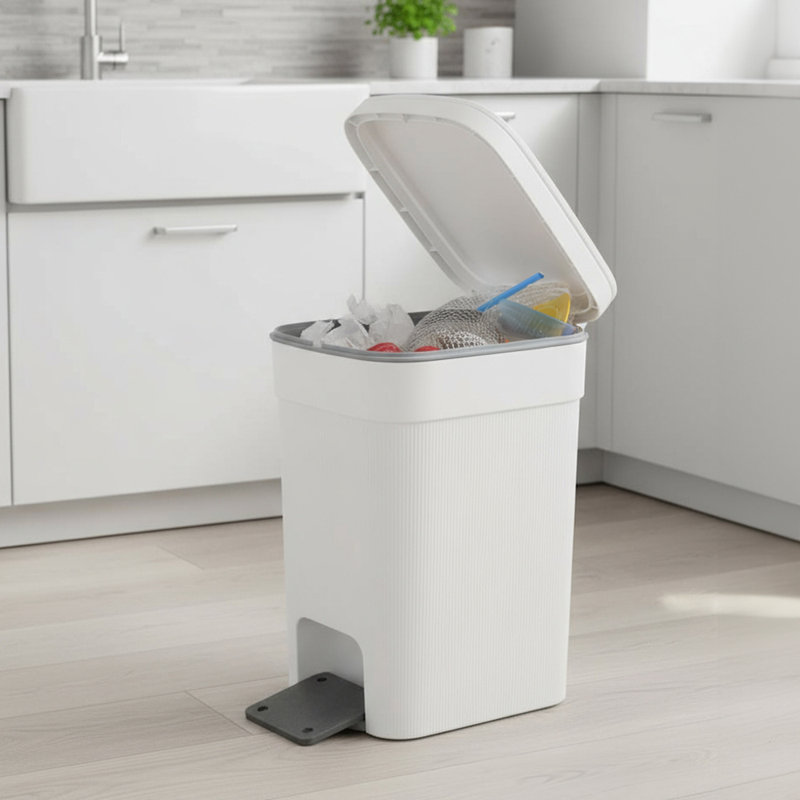 Plastic Step On Waste Bin, 32.8cm H x 18.8cm W x 25.9cm D, White
