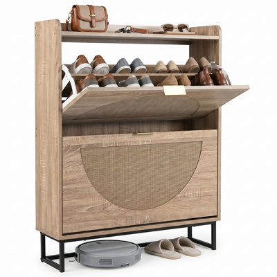 9.5 Inch Slim Shoe Storage Cabinet with 2 Flip Drawers Faux Rattan White Natural