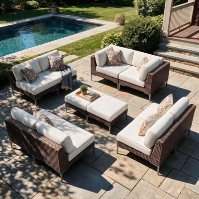  10-piece Wicker Rattan Patio Furniture Set, Deep Seating Outdoor Modular Sectional Sofa Conversation Set With Thick Cushions For Lawn, Garden
