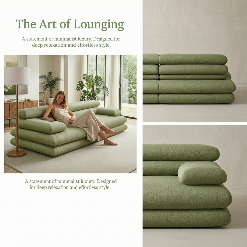 120'' W Compressed Boneless 3-Seat Sofa, Kakhi