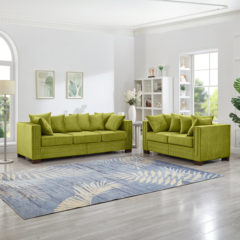 Décoration moderne pour canapé de salon avec accoudoirs carrés et clous argentés, Vert