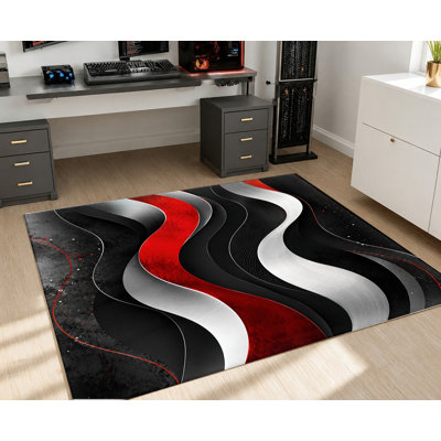 Tapis d'intérieur lavable en machine à motifs abstraits tourbillonnants avec envers antidérapant, motif géométrique ondulé noir, rouge et blanc, décoration intérieure confortable pour salon, chambre, entrée, cuisine, balcon, appartement