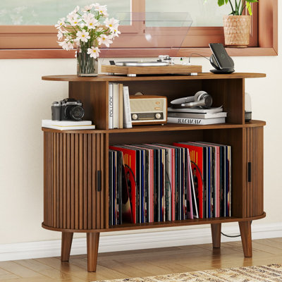Round Record Player Stand with Charging Station & USB Ports, Retro Vinyl Turntable Console Table with Storage Shelf, Brown