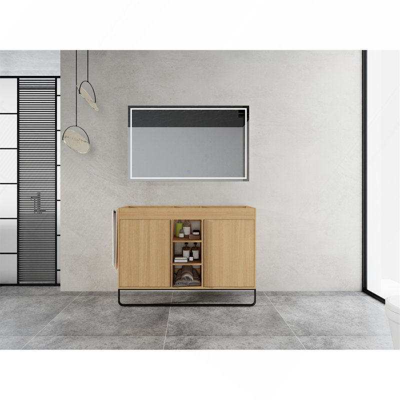 Armoire de salle de bain autoportante 48 po, 2 portes à fermeture douce et 3 tablettes de rangement ouvertes (meuble-lavabo seulement, sans lavabo)