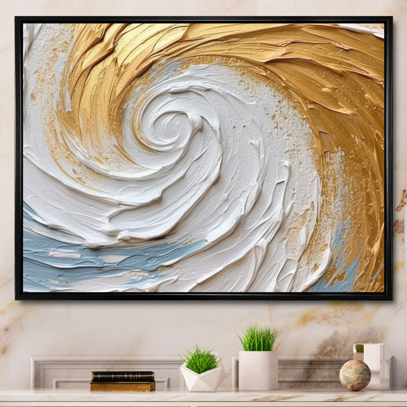 «Gold Eernal Swirl II», art abstrait sur toile à spirales abstraites, H 16 po x l 32 po x P 1 po, Cadre flottant noir