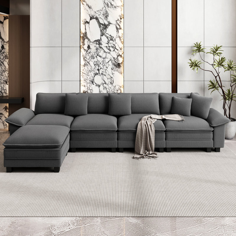 Sofa & Chaise, 5, Light Grey Corduroy