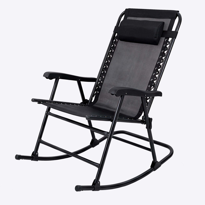 Outdoor Lounge Chair with Adjustable Headrest, Folding Patio Recliner Chair with Breathable Fabric and Steel Frame, Black