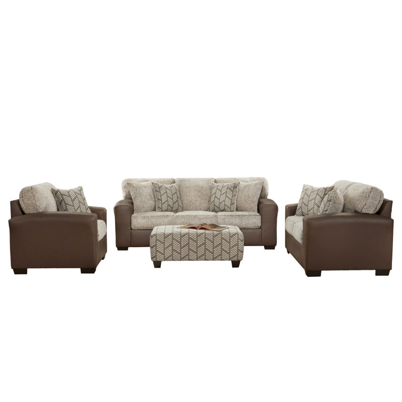 Ensemble de salon 4 pièces Roundhill Furniture Marvella, revêtement en similicuir chocolat et coussins bouclés en peau de mouton