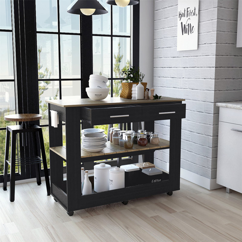 Îlot de cuisine polyvalent avec de nombreuses options de rangement et de mobilité, Noir / brun