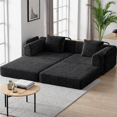 72.4" Convertible Chenille Sofa Bed Foldable Floor Sofa 2-Seater Couch with 2 Storage Pockets & 2 Cushions, Multi-Functional Sleeper for Living Room, Bedroom or Study
