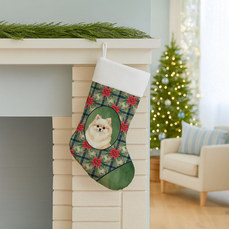Chaussette de Noël crème Pomeranian Christmas PoinsettIas