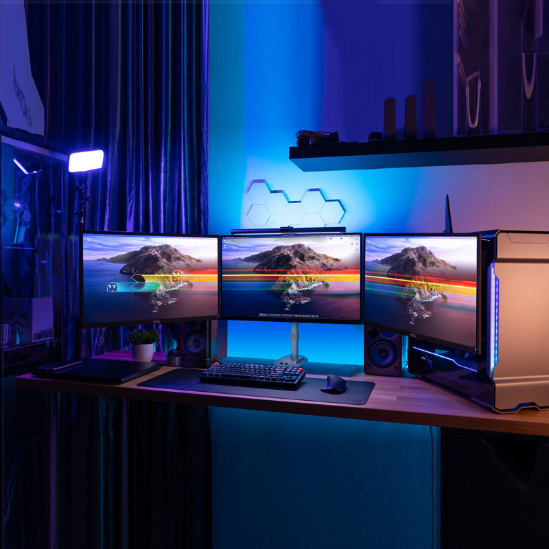 Silver Adjustable Triple Monitor Desk Mount with USB and Audio Ports