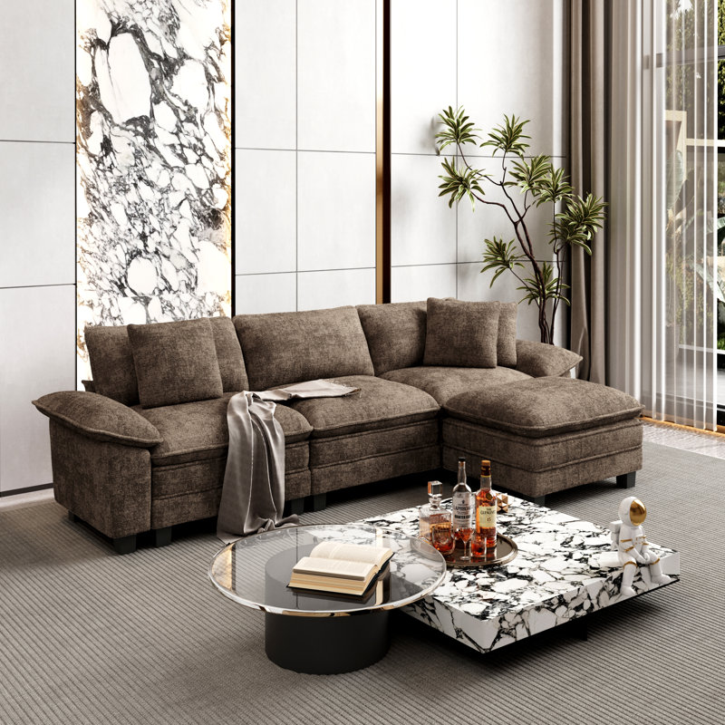 Sofa & Chaise, Light Grey Corduroy, 4
