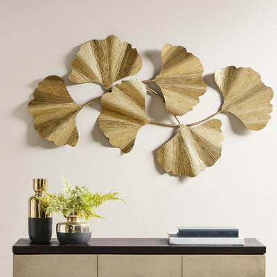 Single Piece Gold Ginkgo Leaf Wall Sculptural Accent - 43"L X 23.5"H 1.6"D, Keyhole Mount For Vertical Hanging On Ornamental Item 43 Inches In Length, 23.5 Height, 1.6 Depth, Indoor Ornament