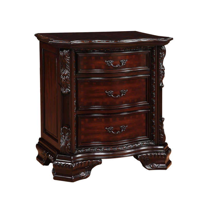 Table de chevet avec trois tiroirs de rangement, pièce de chambre en bois massif, bois traditionnel, 3