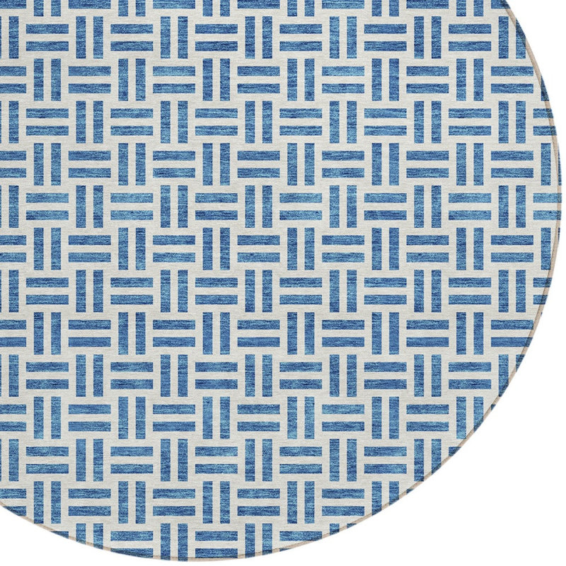 Tapis lavable intérieur et extérieur rond 8 pi bleu et ivoire en denim