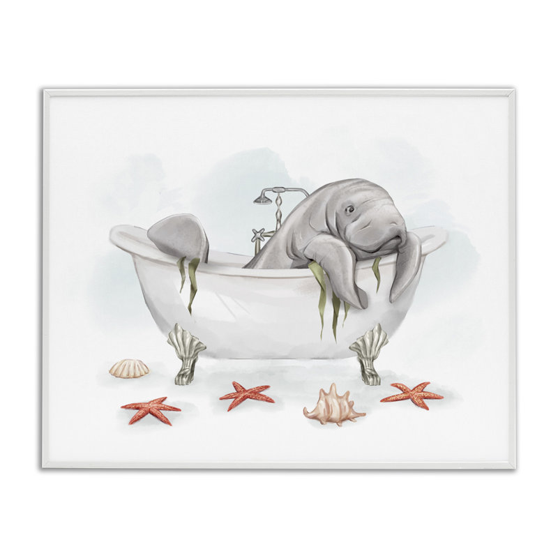 Lamantin, art de giclée encadrée par Ziwei Li, H 11 po x l 14 po x P 1,5 po, Giclée encadrée blanc bord de mer