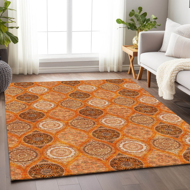Tapis orange lavable à la machine de qualité supérieure Prisco, Rectangle 10 pi x 14 pi