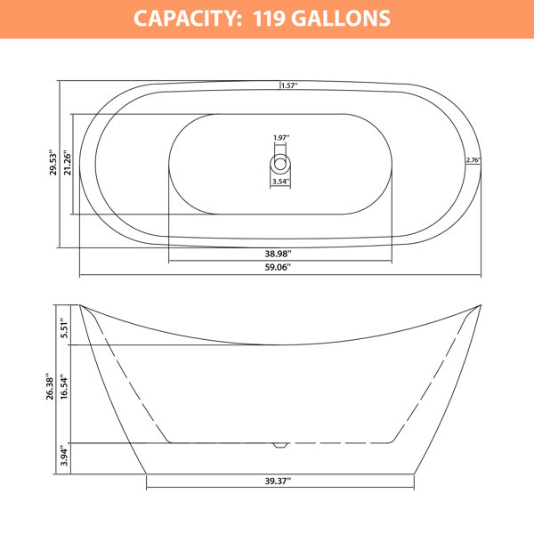 59.06 Inch Oval Freestanding Acrylic Bathtub Dimension Drawing